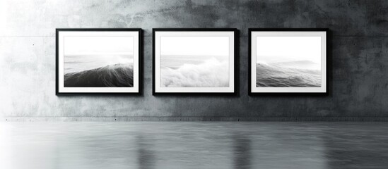 Poster - black and white framed photographs of ocean waves displayed on a concrete wall with reflective floor