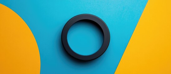 Poster - Black circular object on a blue and yellow background with geometric shapes and Copy Space for text placement