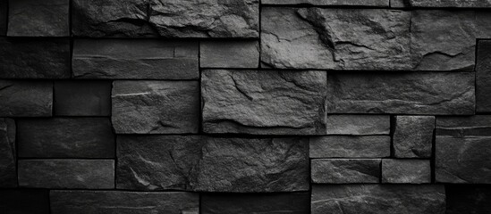 Poster - Textured black stone wall background with irregular shapes and sizes of stones, suitable for design and architectural projects, Copy Space.