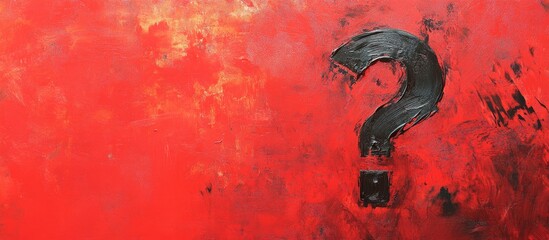 Poster - red abstract background with a large black question mark symbol centered against a textured surface 