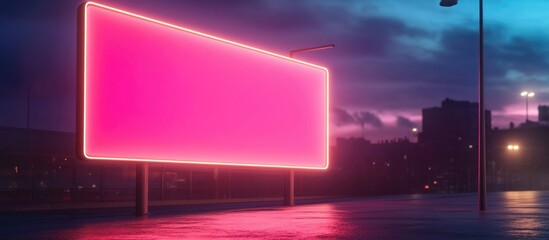 Poster - Neon Pink Billboard at Dusk with Urban Landscape and Copy Space for Text