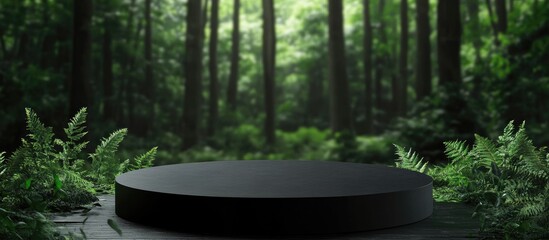 Poster - Forest background with round black podium surrounded by greenery and ferns, ideal for product display, Copy Space available.