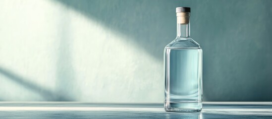 Poster - Clear glass bottle with cork on minimalist surface with soft natural light and shadows Copy Space
