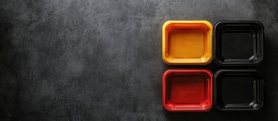 Poster - colorful square containers on dark stone background with copy space for text.