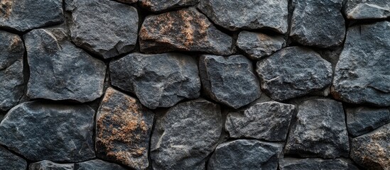 Poster - Dark textured stone wall with irregular shapes and natural variations suitable for backgrounds or architectural design, Copy Space
