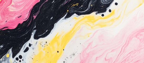 Poster - Colorful abstract fluid art with swirls of black, pink, yellow, and white paint on canvas ideal for backgrounds. Copy Space.