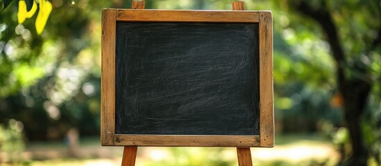 Poster - Empty wooden chalkboard in a green outdoor setting with blurred foliage and Copy Space for text addition