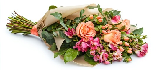 Poster - Bouquet of assorted flowers including pink roses, alstroemeria, and greenery on a white background with Copy Space.