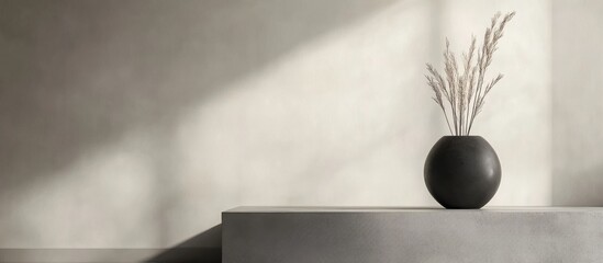 Poster - Minimalistic interior scene featuring a black vase with dried plants on a sleek grey surface with soft natural lighting and textured wall, Copy Space
