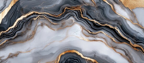 Poster - abstract marble texture in black, gray and white with gold accents and copy space for text placement