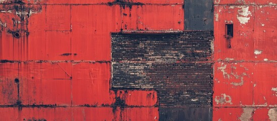 Poster - Textured surface of weathered red and black paint on metal panels with visible peeling and wear Copy Space
