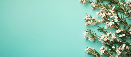Poster - Floral arrangement with white flowers and green leaves on a turquoise background with ample copy space available