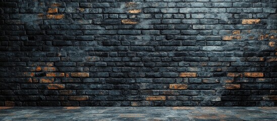 Poster - Textured dark brick wall with scattered lighter bricks and distressed concrete floor Copy Space