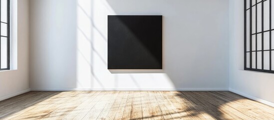 Modern art gallery interior with large black canvas on white wall and natural light streaming through windows Copy Space