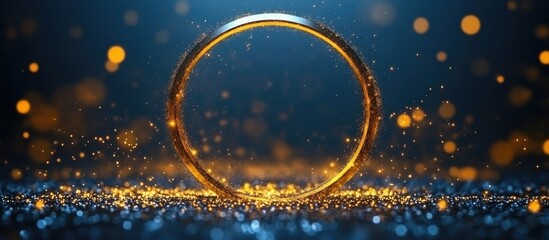 Poster - Golden ring with sparkling particles on blue background Copy Space