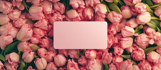 Poster - Blank Card Surrounded by Pink Tulips Flowers with Copy Space for Text Display