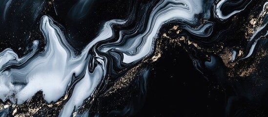 Poster - Black and White Abstract Fluid Art with Gold Accents and Copy Space for Text