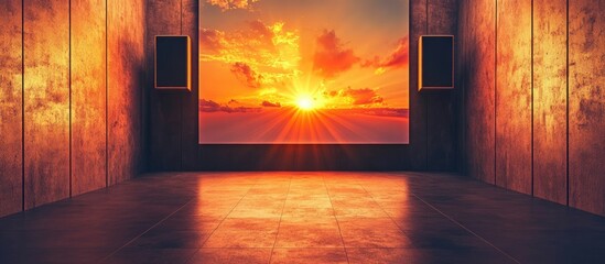 Poster - Sunset view through large window in modern room with smooth flooring and concrete walls Copy Space