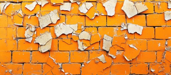 Poster - Aged texture of cracked orange paint on a brick wall with peeling layers and visible mortar Copy Space