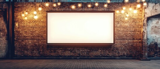 Poster - Blank billboard on a rustic brick wall with warm hanging lights creating an industrial atmosphere Copy Space