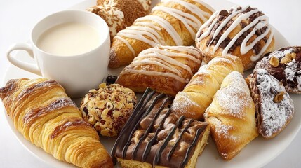 Canvas Print - Assorted pastries served on a plate with a cup of milk coffee showcasing a delightful breakfast or dessert spread