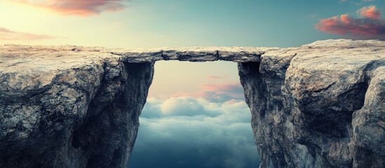 Wall Mural - aerial view of a rocky natural bridge connecting two cliffs above a landscape of clouds with a color