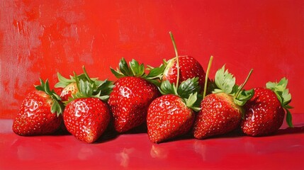 Canvas Print - Fresh ripe strawberries arranged on a vibrant red background showcasing their rich color and natural beauty in a close-up view.