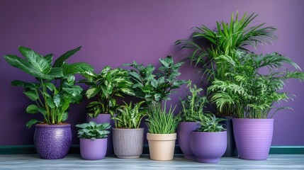 Wall Mural - Assorted indoor potted plants in various purple pots against a purple wall showcasing vibrant greenery and stylish decor elements