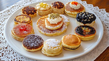 Canvas Print - Assorted Fluffy Pancakes on White Plate Rustic Style Colorful Breakfast Treats