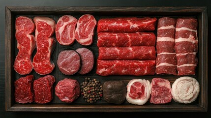 Wall Mural - Assorted Raw Beef Cuts Displayed on Wooden Tray with Spices Uncooked Meat Variety for Culinary Use