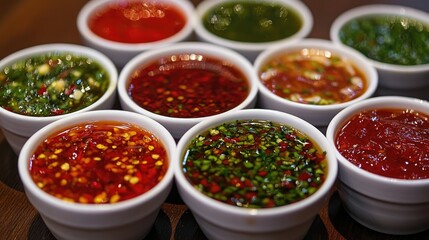 Wall Mural - Assorted spicy sauces in white bowls garnished with fresh red chili peppers on a wooden surface