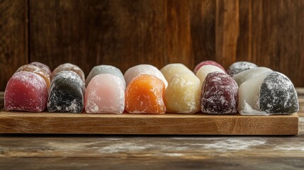 Canvas Print - Assorted traditional mochi variety with colorful fillings displayed on wooden board in rustic setting