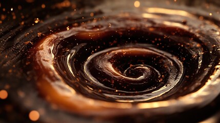 Poster - Close-up of swirling dark liquid with sparkles and reflections creating a dynamic texture and depth Copy Space