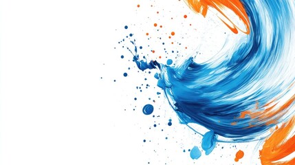 Fototapete - Abstract paint splash with blue and orange colors on white background featuring ample copy space for text placement.