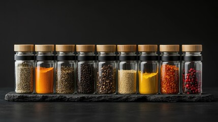 Poster - Assorted Spice Jars with Natural Wooden Lids Displayed on Black Slate Surface for Culinary and Cooking Inspirations