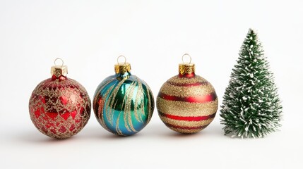 Wall Mural - Christmas ornaments and a small artificial tree on a white background with Copy Space for text