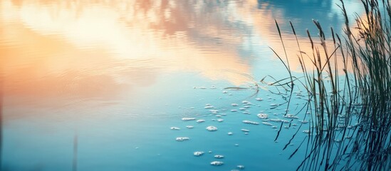Wall Mural - Tranquil lake landscape at sunset with soft clouds and grass reflections in calm water Copy Space