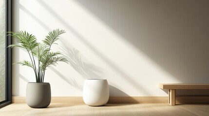 Wall Mural - Interior perspective of minimalist home decor featuring green plant in pots and wooden bench against a light wall with shadows Copy Space