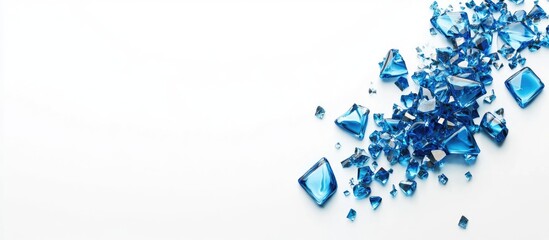 Fototapete - Blue glass crystals scattered on white background with ample Copy Space for text placement.