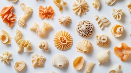 Wall Mural - Diverse collection of unique pasta shapes and sizes arranged artistically on a clean white background for culinary inspiration.