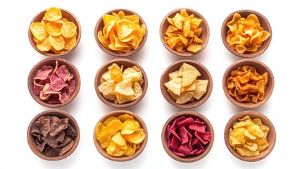 Wall Mural - Colorful array of assorted potato chips in wooden bowls arranged neatly on a white background for snack food imagery.