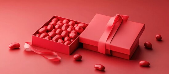 Wall Mural - Red gift boxes with chocolate candies on a red background with copy space for text or promotional content.