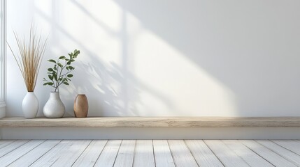 Aufkleber - Stylish Modern Interior with White Vintage Skirting Board on Light Wooden Floor Featuring Decorative Vases and Greenery Against Soft Wall Colors