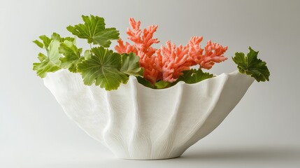 Poster - Elegant White Vase Displaying Vibrant Coral Flowers and Lush Green Leaves on Soft Light Gray Background