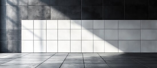 Aufkleber - Modern minimalist interior featuring white tiles on a dark textured wall with ample blank space for branding or text in contemporary setting.