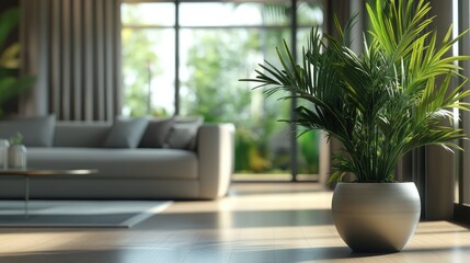 Wall Mural - Modern living room interior featuring a potted plant with bright natural light and large windows showcasing greenery outside Copy Space