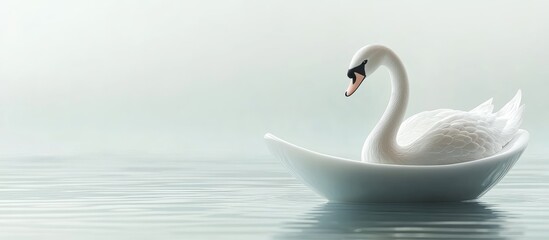 Aufkleber - Tranquil serene scene of a white swan gracefully floating on a calm lake with soft pastel colors and ample blank space for text design.