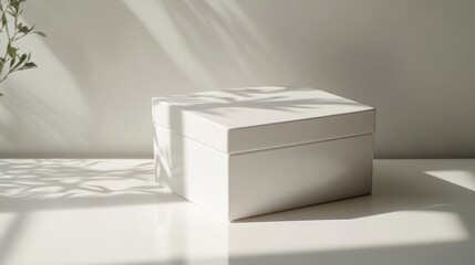 Aufkleber - Elegant white storage box with lid casting soft shadows on a minimalist white surface in natural light