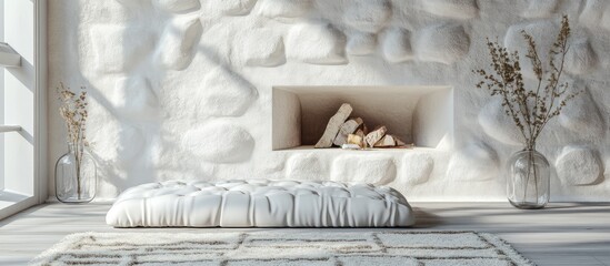 Aufkleber - Cozy interior design featuring a white stone fireplace adjacent to a minimalist mattress and a glass jar, accented by natural light and subtle earthy tones.