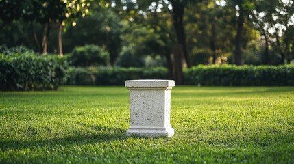 Wall Mural - Elegant white stone pedestal on vibrant green grass in a serene outdoor setting showcasing natural beauty and tranquility.